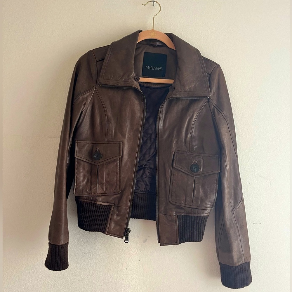 100% genuine brown leather bomber aviator jacket removable shearling collar
